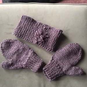 Handmade knit mittens and ear warmer